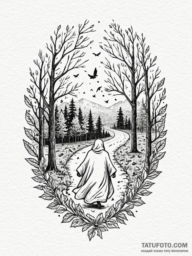 Fading ghost leaving a trail of autumn leaves... - эскиз тату (№1752322358_0, 12.07.2025 12:12) — Tatufoto.com
