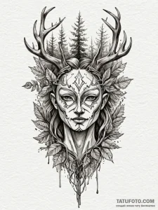 Forest spirit with a mask of bark and leaves,... - эскиз тату (№1752322860_0, 12.07.2025 12:21) — Tatufoto.com
