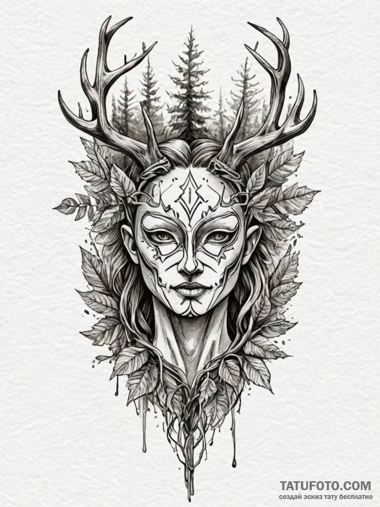 Forest spirit with a mask of bark and leaves,… — эскиз тату (№1752322860_0, 12.07.2025 12:21) — Tatufoto.com