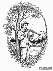 Reed flute beneath spectral tree, artistic ta... - эскиз тату (№1752322943_0, 12.07.2025 12:22) — Tatufoto.com