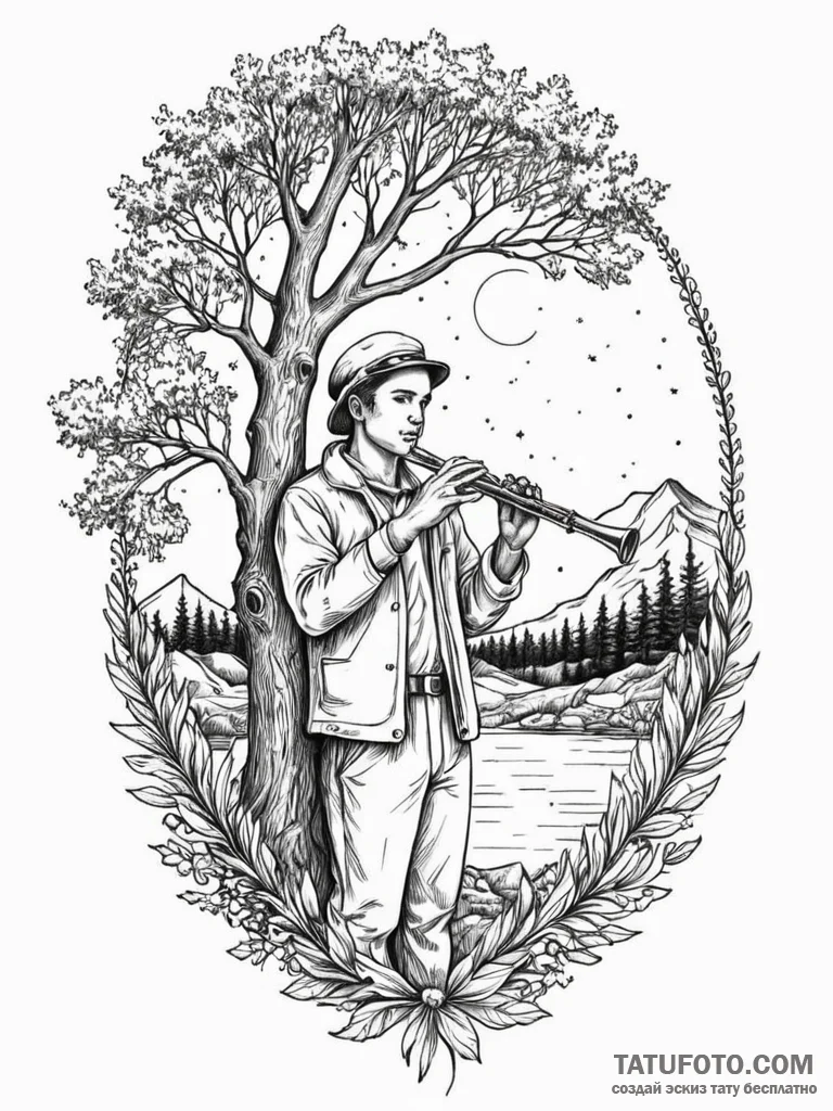 Reed flute beneath spectral tree, artistic ta... - эскиз тату (№1752322943_0, 12.07.2025 12:22) — Tatufoto.com