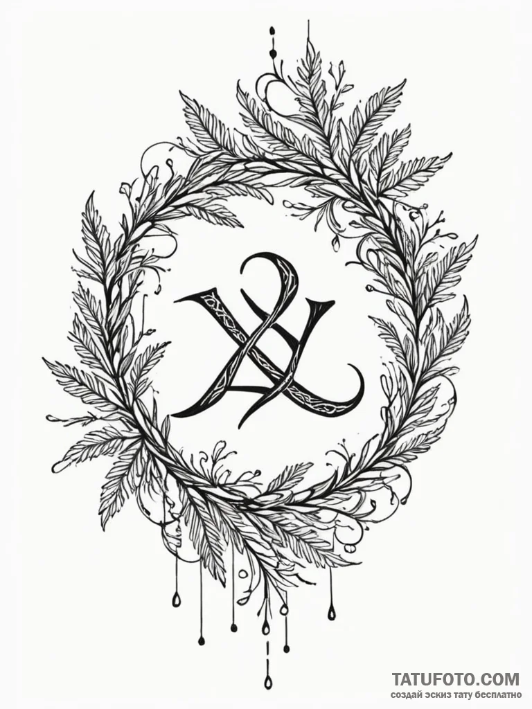 Pine branch etched with runes, tattoo sketch... - эскиз тату (№1752324196_0, 12.07.2025 12:43) — Tatufoto.com