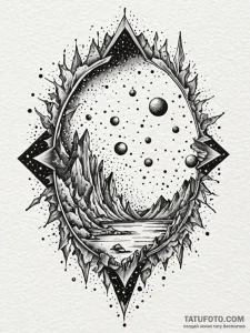 Cosmic mirror shattering mid-air, tattoo sket... - эскиз тату (№1752324614_0, 12.07.2025 12:50) — Tatufoto.com