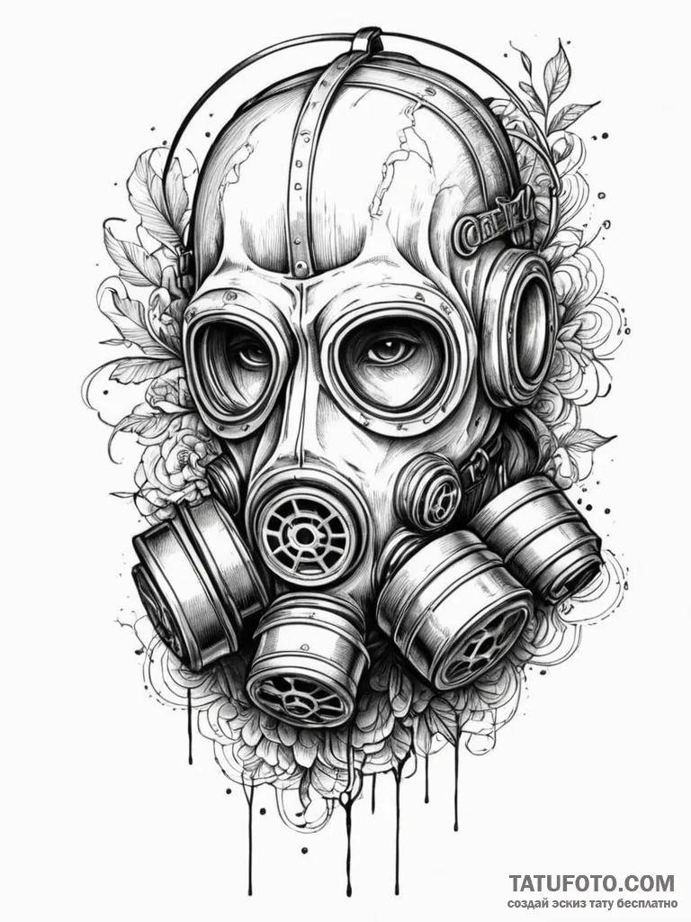 Gas mask connected to a pair of rusted, indus... - эскиз тату (№1752324782_0, 12.07.2025 12:53) — Tatufoto.com