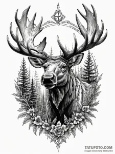 Moose with antlers holding a miniature forest... - эскиз тату (№1752325033_0, 12.07.2025 12:57) — Tatufoto.com