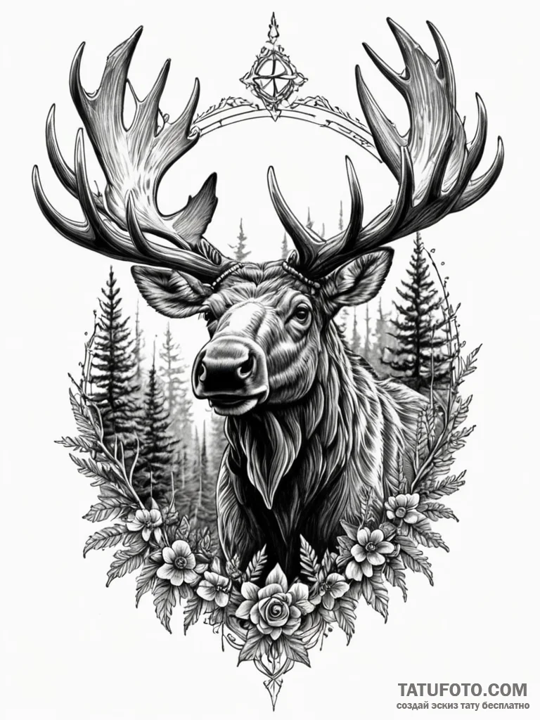 Moose with antlers holding a miniature forest... - эскиз тату (№1752325033_0, 12.07.2025 12:57) — Tatufoto.com