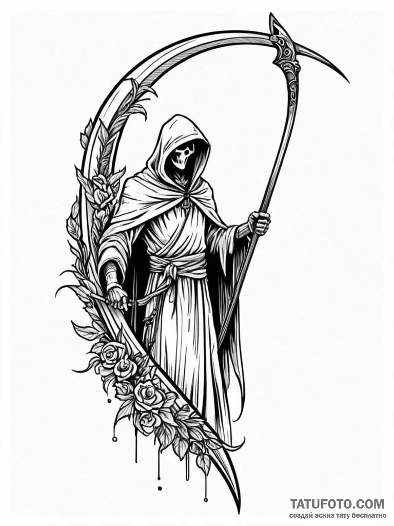 Reaper's scythe leaning against a wall, artis... - эскиз тату (№1752325116_0, 12.07.2025 12:58) — Tatufoto.com