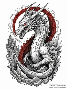 Ice dragon winding through ruins, tattoo line... - эскиз тату (№1752325366_0, 12.07.2025 13:02) — Tatufoto.com