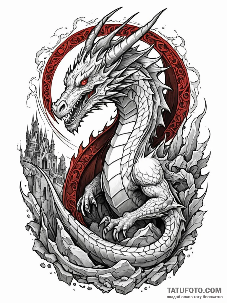 Ice dragon winding through ruins, tattoo line... - эскиз тату (№1752325366_0, 12.07.2025 13:02) — Tatufoto.com