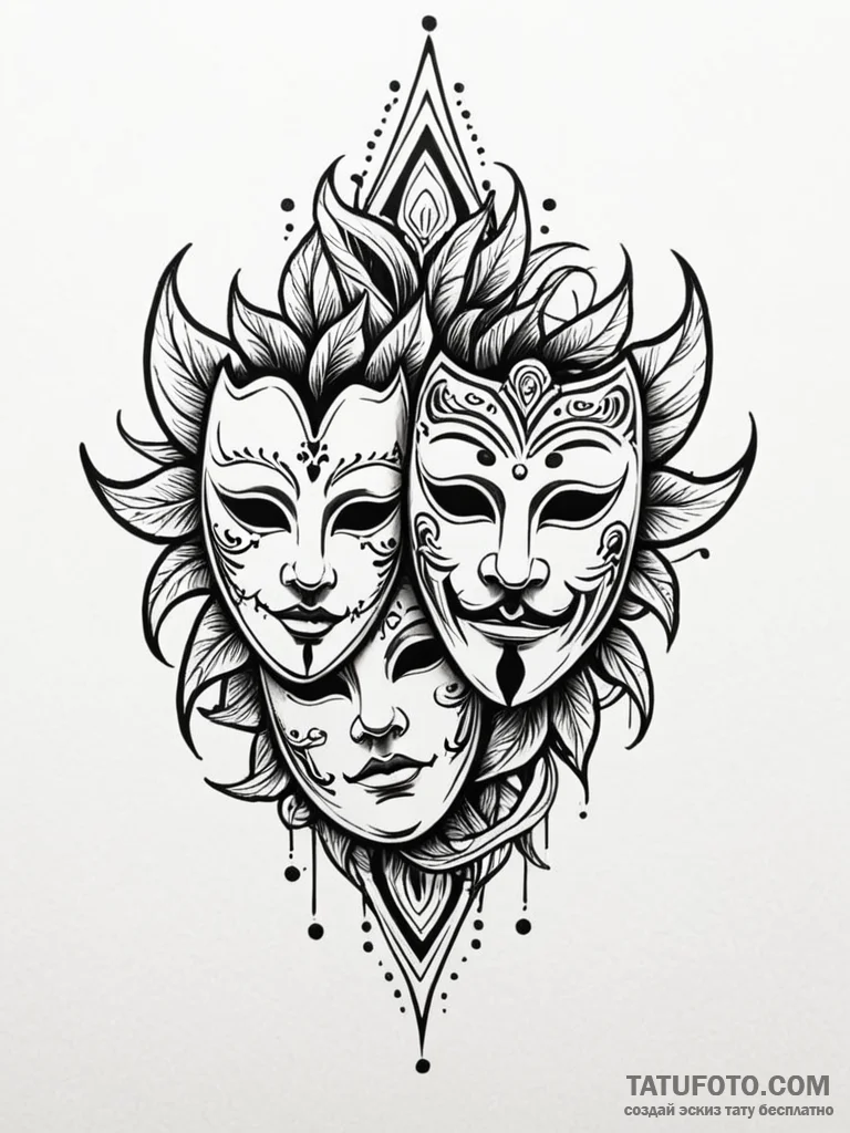 Theater masks, tattoo sketch design, stylized… — эскиз тату (№1752325617_0, 12.07.2025 13:06) — Tatufoto.com
