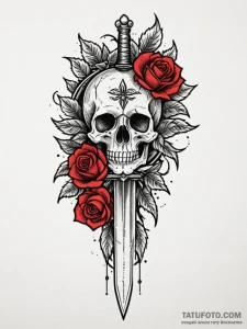 Rosethorn dagger beneath crimson bloom, tatto... - эскиз тату (№1752326200_0, 12.07.2025 13:16) — Tatufoto.com