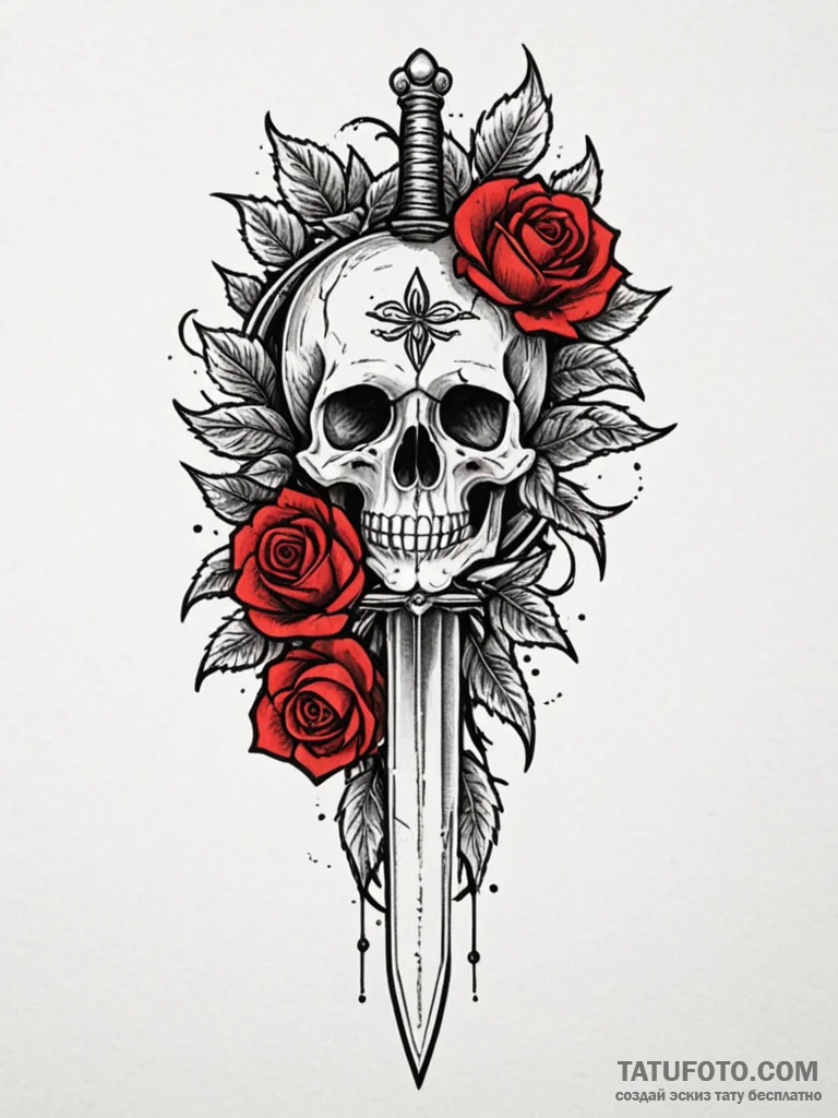 Rosethorn dagger beneath crimson bloom, tatto... - эскиз тату (№1752326200_0, 12.07.2025 13:16) — Tatufoto.com