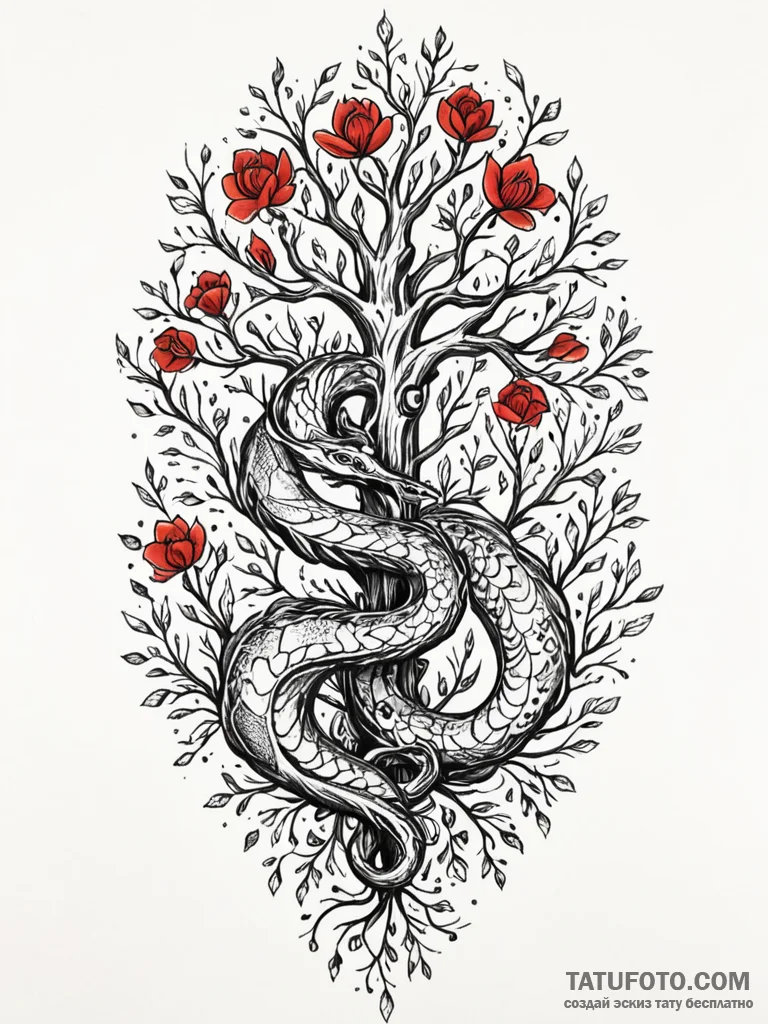 Glacial serpent beneath spectral tree, tattoo... - эскиз тату (№1752326284_0, 12.07.2025 13:18) — Tatufoto.com