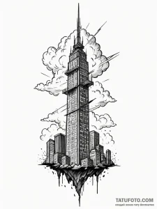 Skyscraper puncturing the clouds, with a ligh... - эскиз тату (№1752326698_0, 12.07.2025 13:24) — Tatufoto.com
