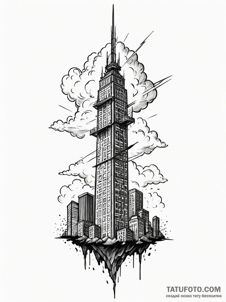 Skyscraper puncturing the clouds, with a ligh... - эскиз тату (№1752326698_0, 12.07.2025 13:24) — Tatufoto.com