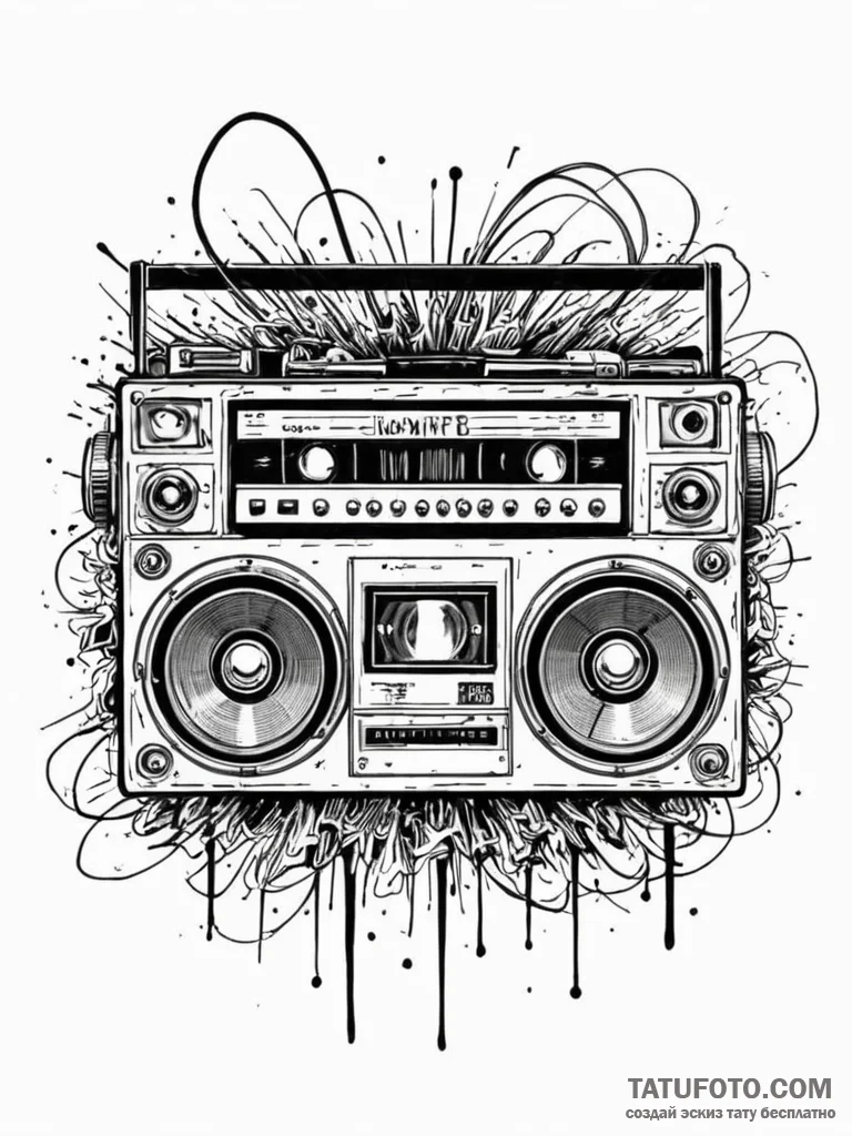Boombox playing a cassette tape, emitting neo... - эскиз тату (№1752327026_0, 12.07.2025 13:30) — Tatufoto.com