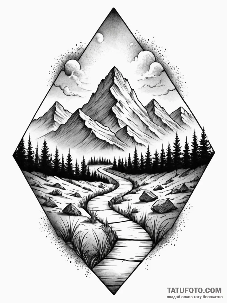 Mountain path through spectral mist, tattoo s... - эскиз тату (№1752327618_0, 12.07.2025 13:40) — Tatufoto.com