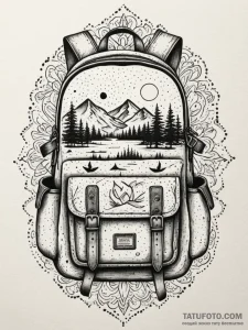 A detailed backpack with camping gear, prepar... - эскиз тату (№1752327701_0, 12.07.2025 13:41) — Tatufoto.com