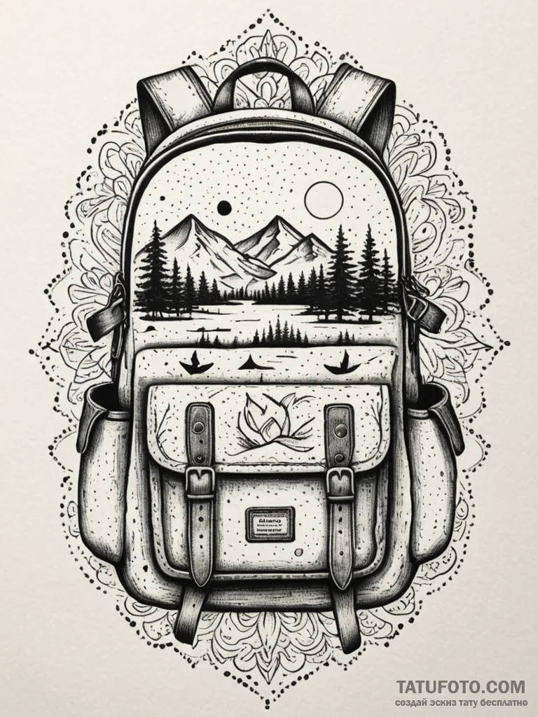 A detailed backpack with camping gear, prepar... - эскиз тату (№1752327701_0, 12.07.2025 13:41) — Tatufoto.com