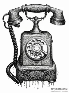 Land-line telephone, receiver leaking a black... - эскиз тату (№1752327953_0, 12.07.2025 13:45) — Tatufoto.com