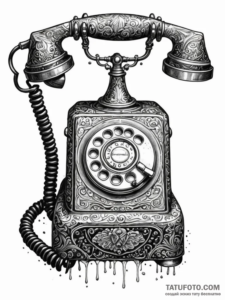 Land-line telephone, receiver leaking a black... - эскиз тату (№1752327953_0, 12.07.2025 13:45) — Tatufoto.com
