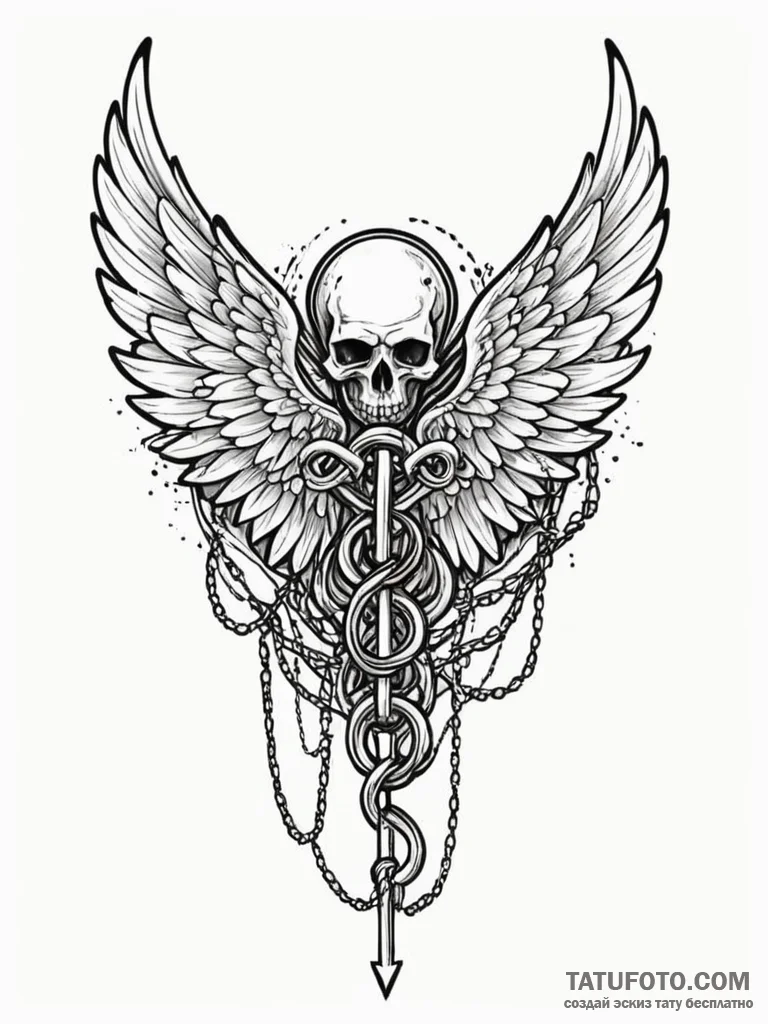 Gilded wings wrapped in chains, ink illustrat… — эскиз тату (№1752328120_0, 12.07.2025 13:48) — Tatufoto.com