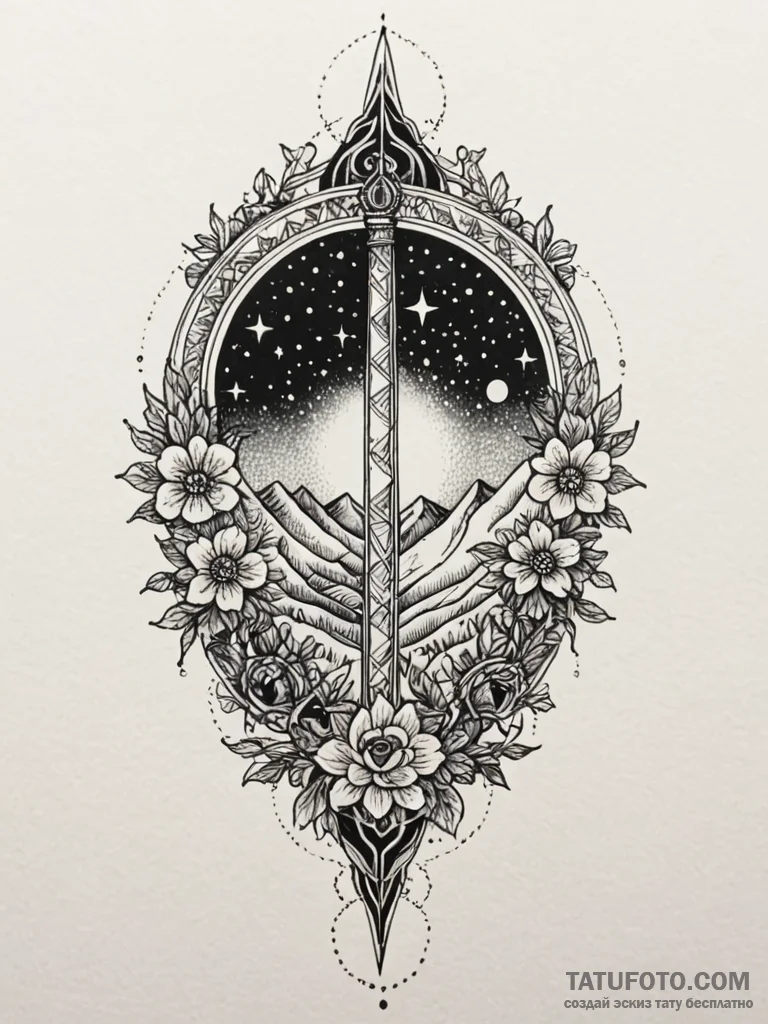 Razor bloom beneath celestial gate, tattoo li... - эскиз тату (№1752328704_0, 12.07.2025 13:58) — Tatufoto.com