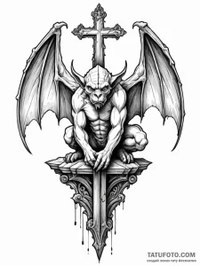 Gargoyle perched on a crumbling cathedral, ta... - эскиз тату (№1752329375_0, 12.07.2025 14:09) — Tatufoto.com
