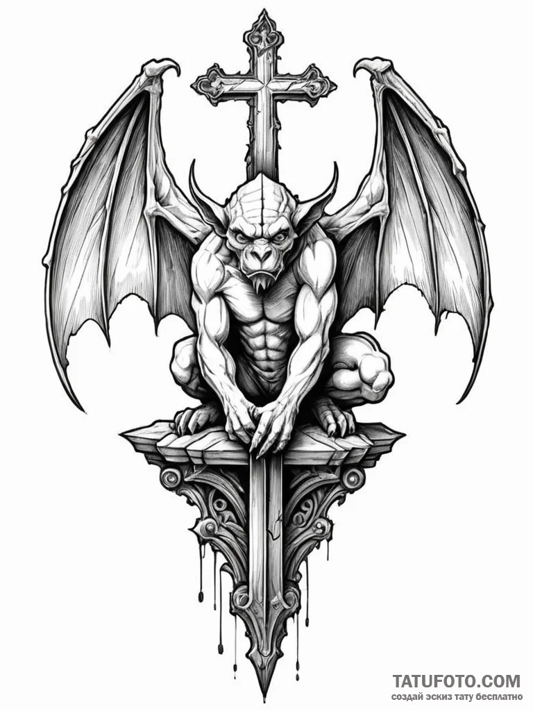 Gargoyle perched on a crumbling cathedral, ta... - эскиз тату (№1752329375_0, 12.07.2025 14:09) — Tatufoto.com