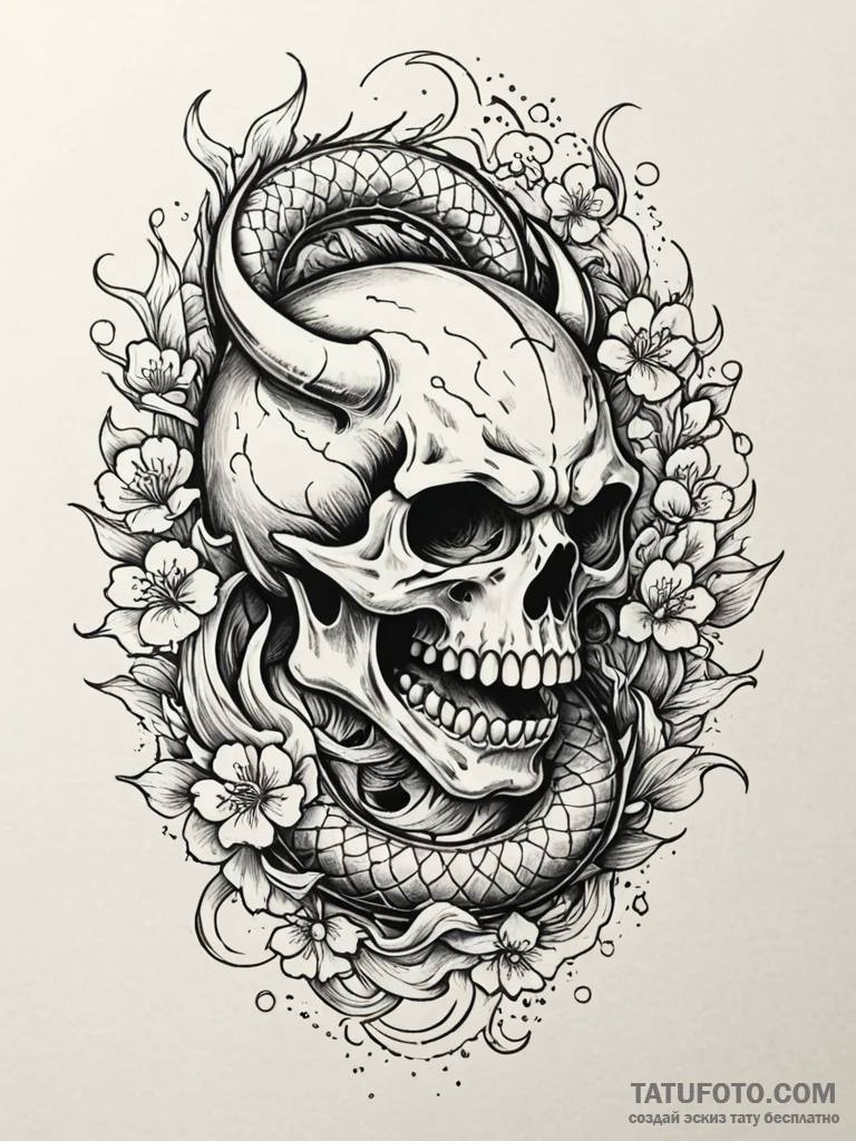 Skull, tattoo drawing outline, on a clean whi... - эскиз тату (№1752329543_0, 12.07.2025 14:12) — Tatufoto.com