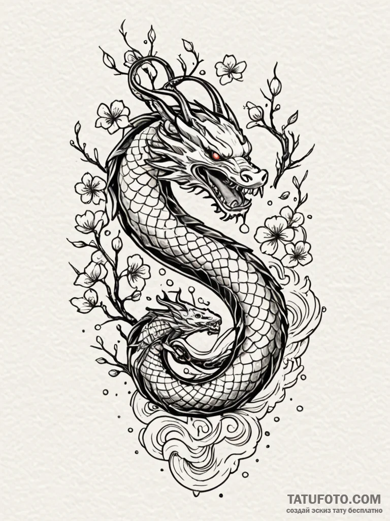 Horned serpent beneath spectral tree, concept... - эскиз тату (№1752329793_0, 12.07.2025 14:16) — Tatufoto.com