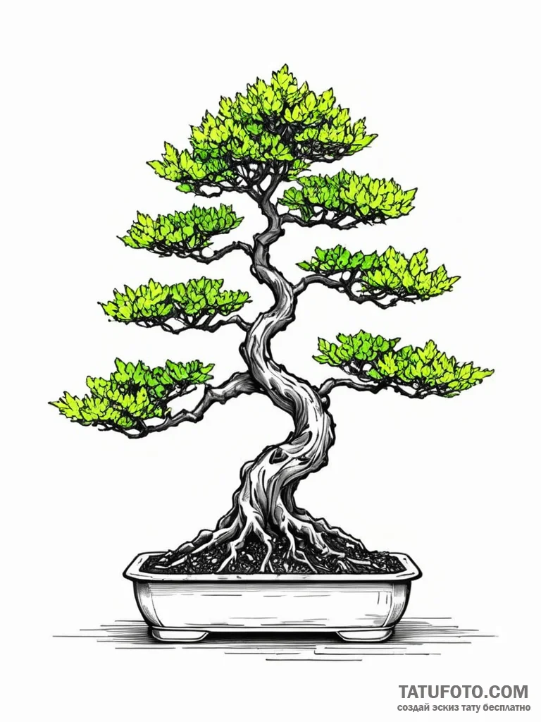 Bonsai tree with neon leaves growing from a d… — эскиз тату (№1752330963_0, 12.07.2025 14:36) — Tatufoto.com