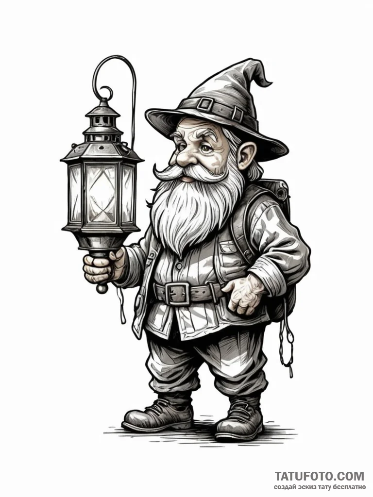 Dwarf miner with a lantern, ink illustration… — эскиз тату (№1752331047_0, 12.07.2025 14:37) — Tatufoto.com