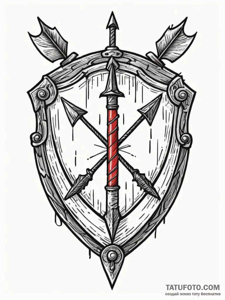 Oak shield pierced by arrows, tattoo drawing... - эскиз тату (№1752332475_0, 12.07.2025 15:01) — Tatufoto.com