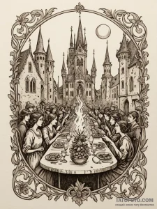 An authentic medieval feast in a grand hall,... - эскиз тату (№1752332559_0, 12.07.2025 15:02) — Tatufoto.com