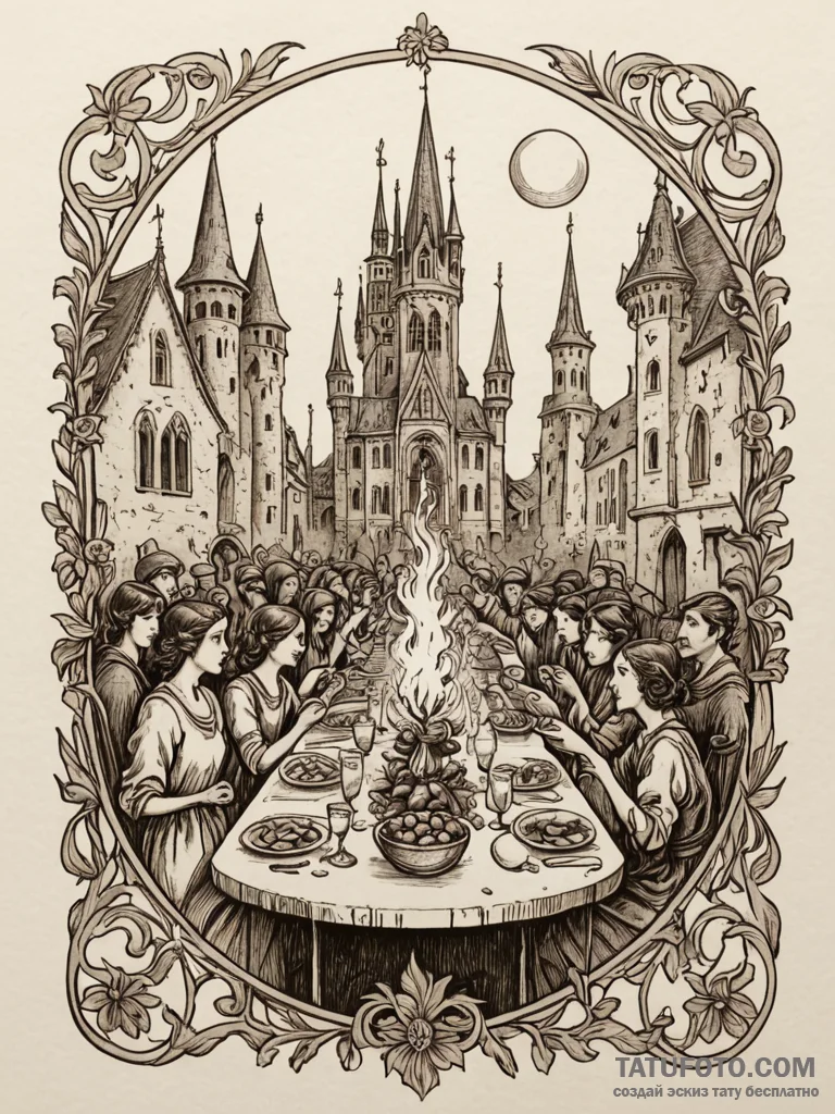 An authentic medieval feast in a grand hall,... - эскиз тату (№1752332559_0, 12.07.2025 15:02) — Tatufoto.com