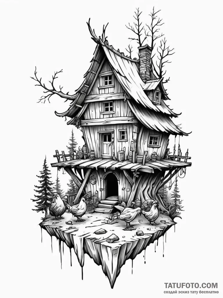 Baba yaga's hut on chicken legs, tattoo flash... - эскиз тату (№1752332642_0, 12.07.2025 15:04) — Tatufoto.com