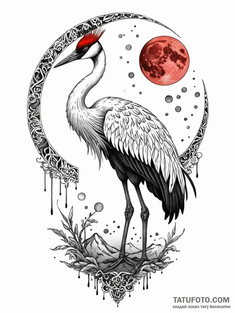 Red-crowned crane dancing under a blood moon,… — эскиз тату (№1752332810_0, 12.07.2025 15:06) — Tatufoto.com