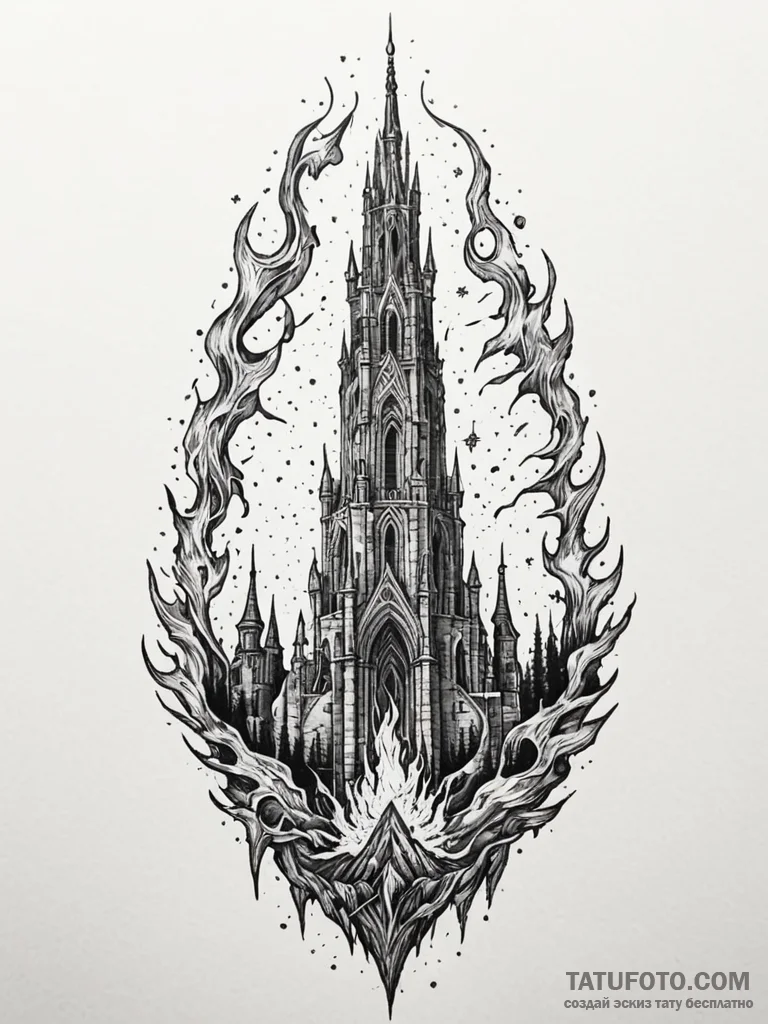 Untamed flame beneath shattered spire, concep... - эскиз тату (№1752333396_0, 12.07.2025 15:16) — Tatufoto.com