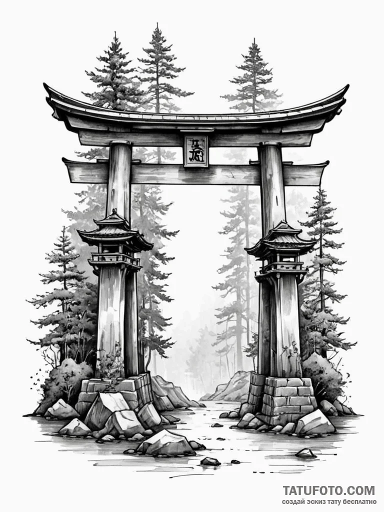 Torii gate at the entrance to a spirit world,... - эскиз тату (№1752333562_0, 12.07.2025 15:19) — Tatufoto.com