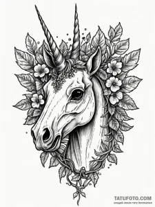 Unicorn skull crowned with ivy, tattoo sketch... - эскиз тату (№1752333817_0, 12.07.2025 15:23) — Tatufoto.com