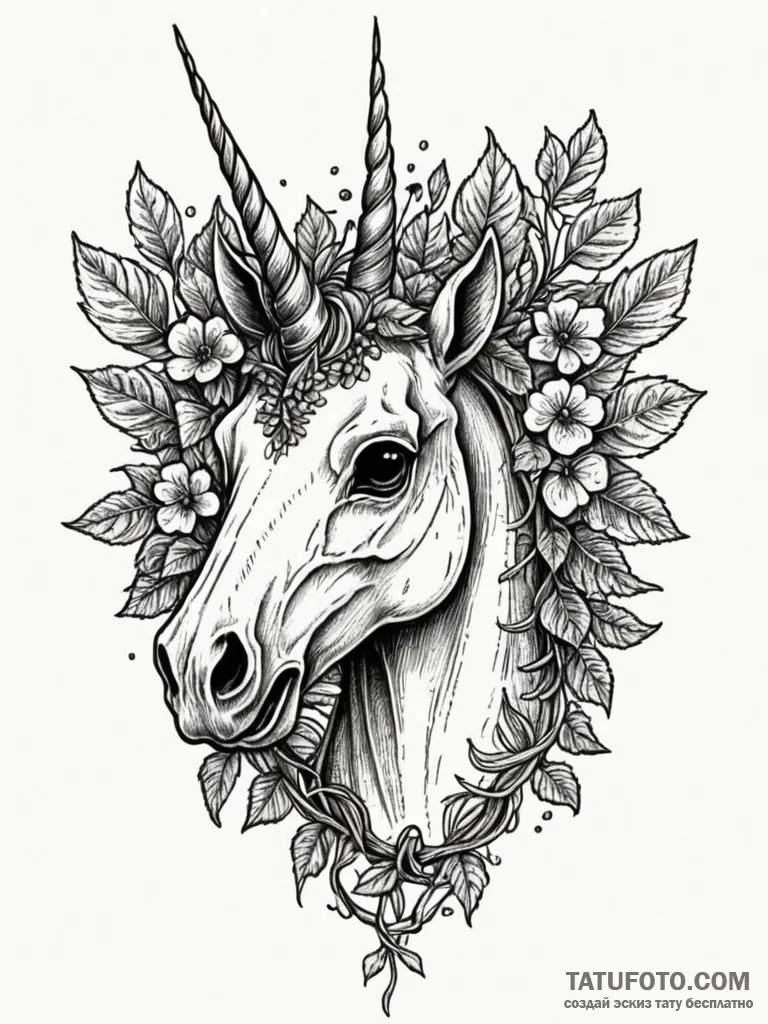 Unicorn skull crowned with ivy, tattoo sketch… — эскиз тату (№1752333817_0, 12.07.2025 15:23) — Tatufoto.com