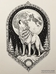 A majestic arctic wolf howling at a full moon... - эскиз тату (№1752333901_0, 12.07.2025 15:25) — Tatufoto.com