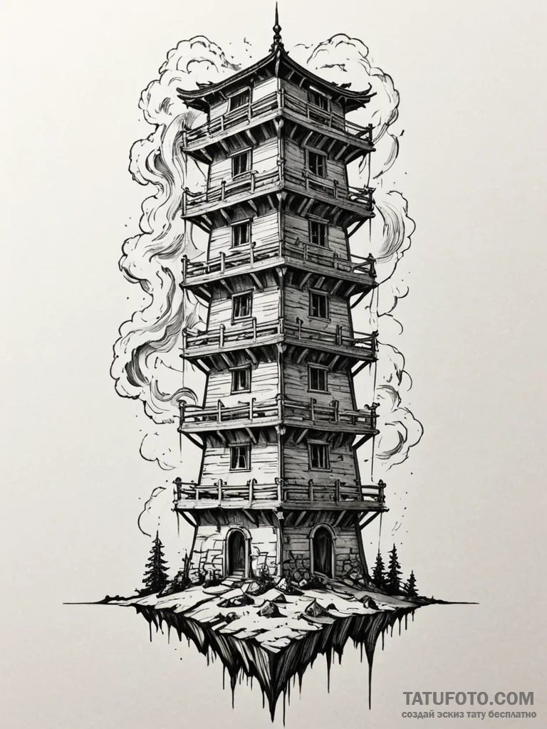 Storm banner beneath bone tower, artistic tat... - эскиз тату (№1752335298_0, 12.07.2025 15:48) — Tatufoto.com