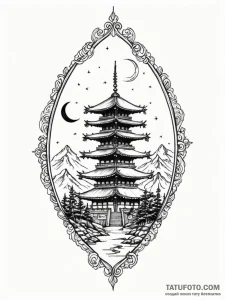 Pagoda beneath crimson eclipse, tattoo sketch... - эскиз тату (№1752335811_0, 12.07.2025 15:56) — Tatufoto.com