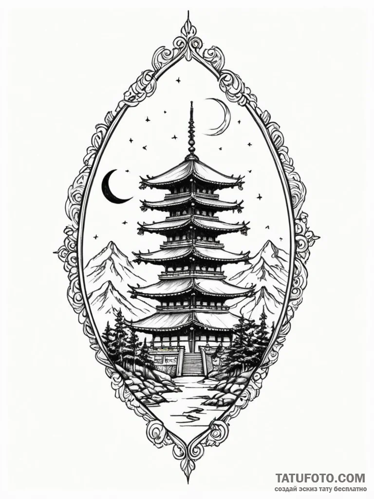 Pagoda beneath crimson eclipse, tattoo sketch... - эскиз тату (№1752335811_0, 12.07.2025 15:56) — Tatufoto.com