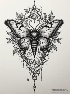 Moth beneath thorned branches, tattoo line ar... - эскиз тату (№1752337946_0, 12.07.2025 16:32) — Tatufoto.com