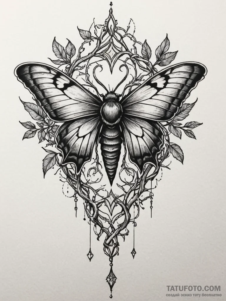 Moth beneath thorned branches, tattoo line ar... - эскиз тату (№1752337946_0, 12.07.2025 16:32) — Tatufoto.com