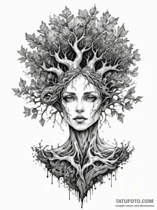Dryad merging with an ancient oak tree, ink i... - эскиз тату (№1752338627_0, 12.07.2025 16:43) — Tatufoto.com