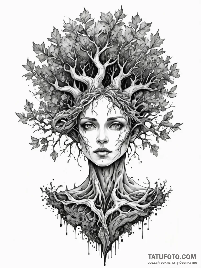 Dryad merging with an ancient oak tree, ink i... - эскиз тату (№1752338627_0, 12.07.2025 16:43) — Tatufoto.com